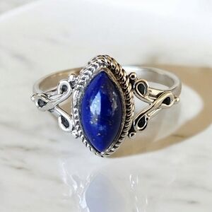 NEW 925 Sterling Silver Lapis Lazuli Bezel Set Marquis Shaped Ring Size 7 3/4